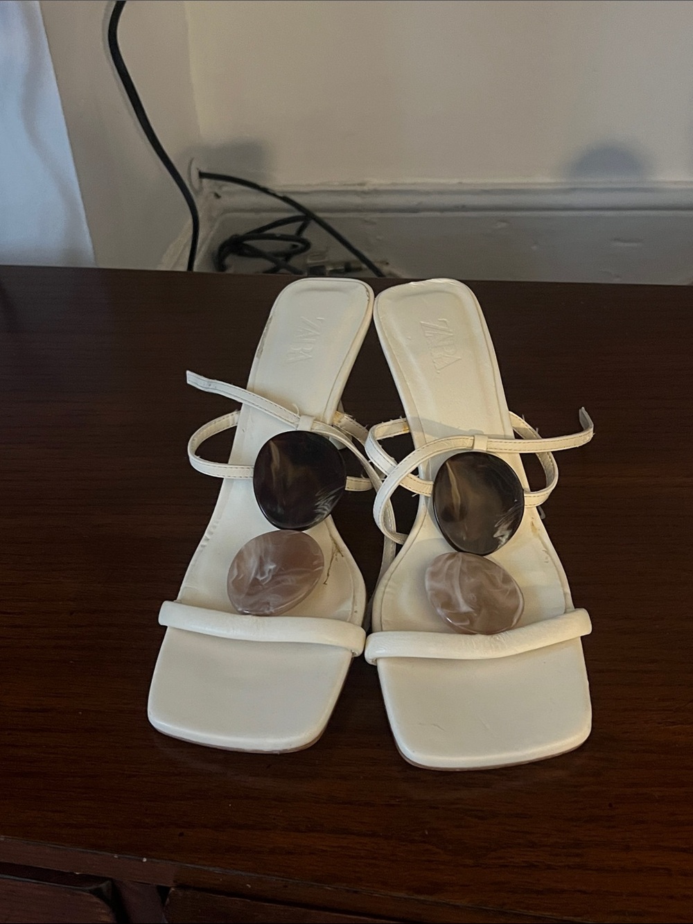 Zara Cream Strappy Sandals with Brown and Pearl Discs